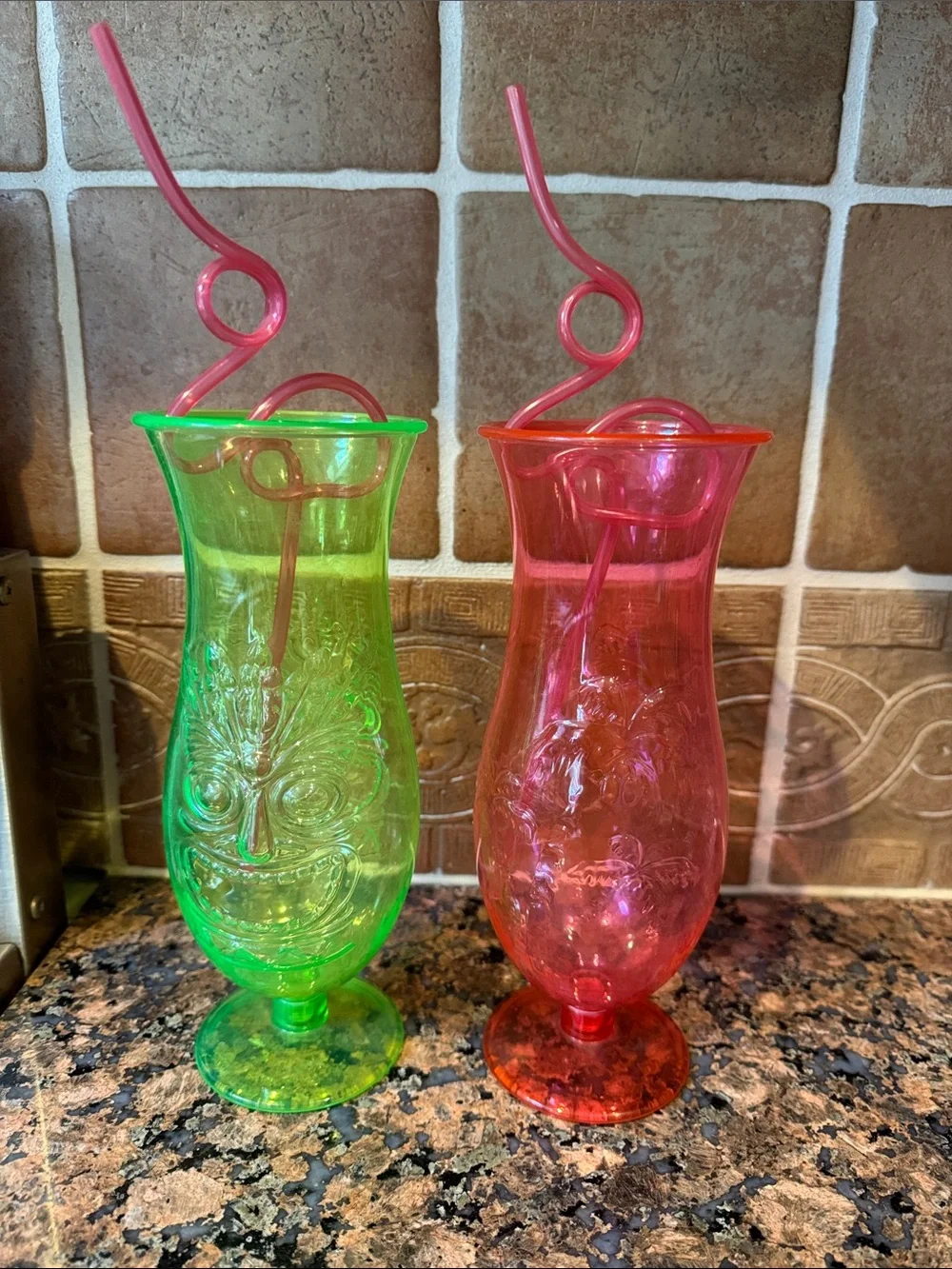Neon Green & Pink Tiki 9” Cocktail Glasses Glass w/ Curly Flamingo shape straw
